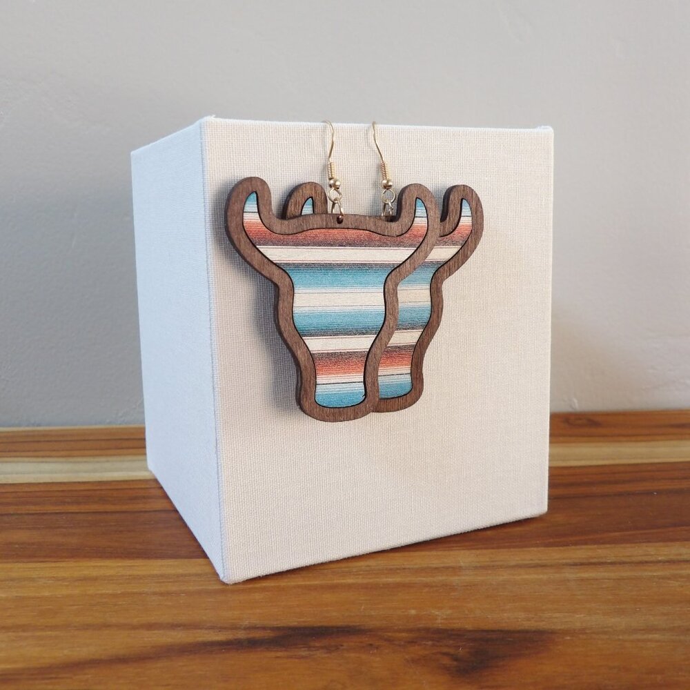 NWT Santa Fe Stripes Brown Cow Print Style Wooden Earrings - Picture 3 of 5